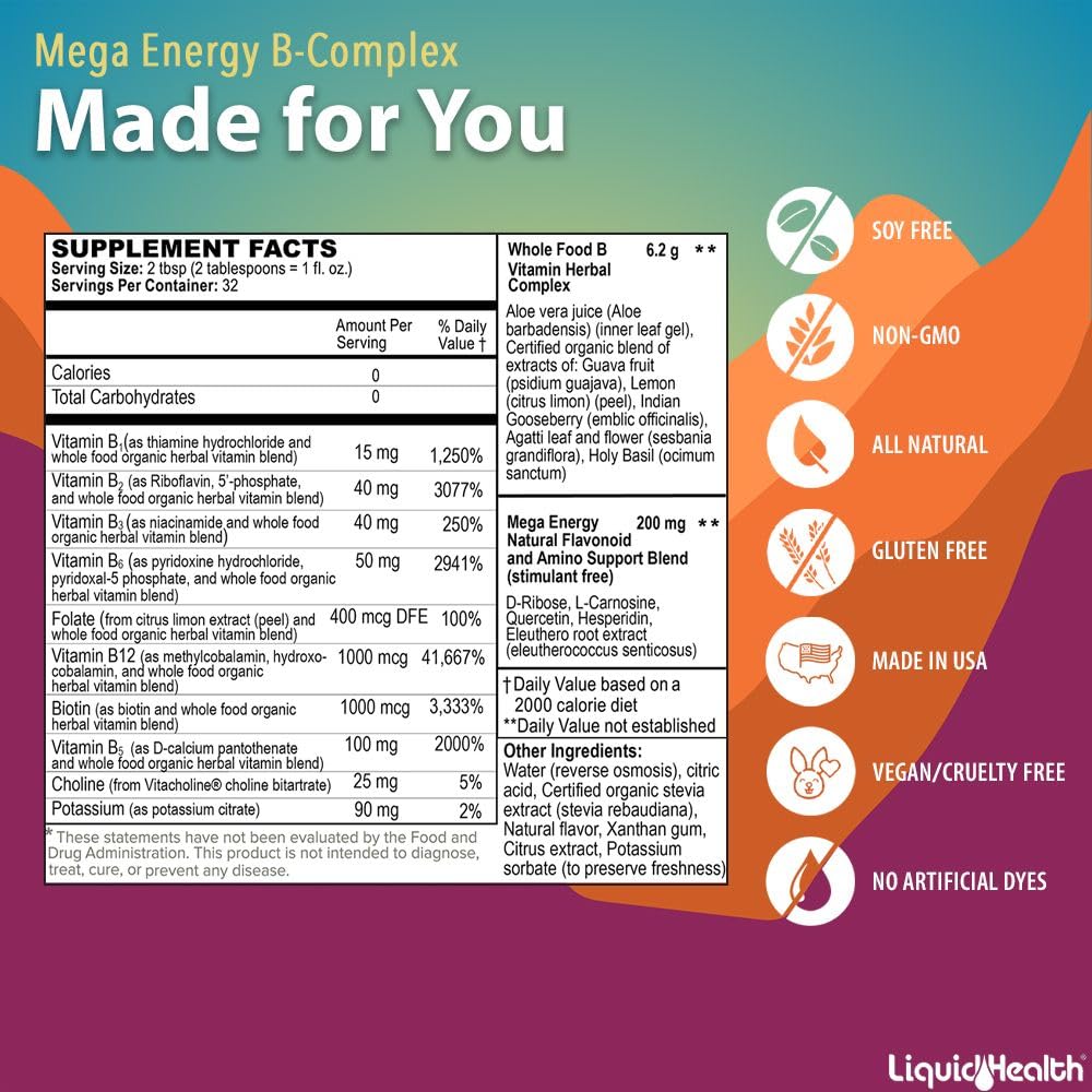 LIQUIDHEALTH etiqueta con información de vitaminas y beneficios claros