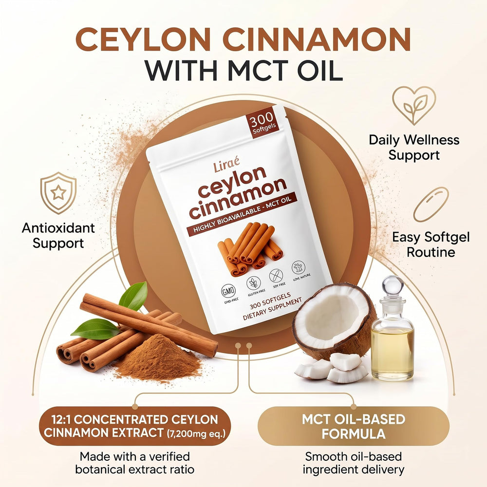 LIRAE aceite MCT de coco y canela Ceylán, ilustración de ingrediente limpio