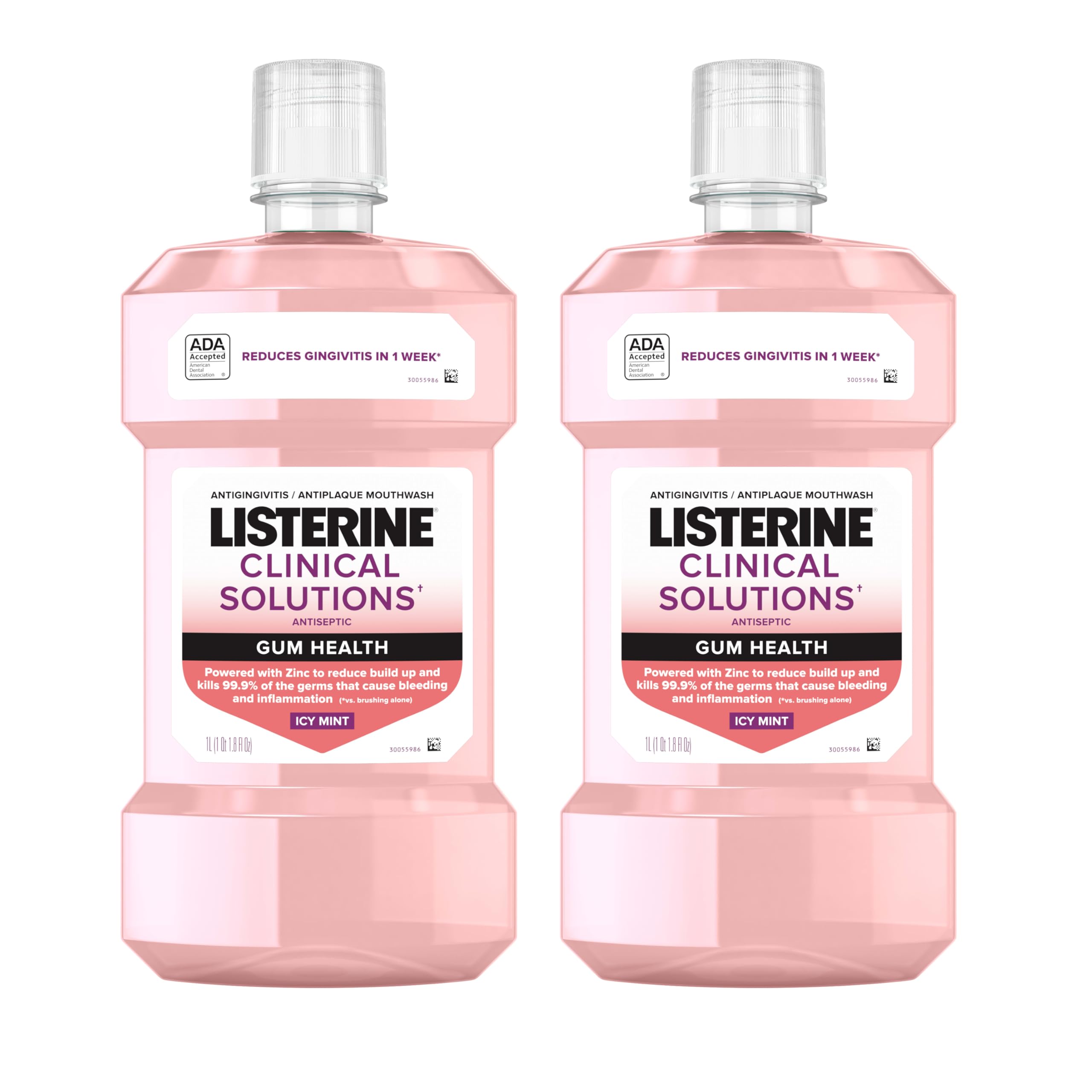 Listerine Clinical Solutions pack frontal dos botellas 1 L mostrando beneficio antiplaca