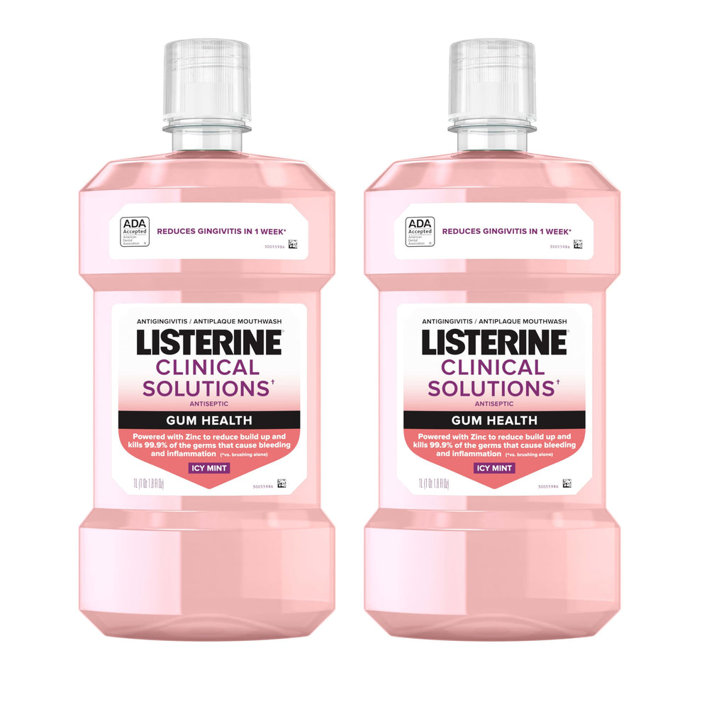 Listerine Clinical Solutions pack frontal dos botellas 1 L mostrando beneficio antiplaca