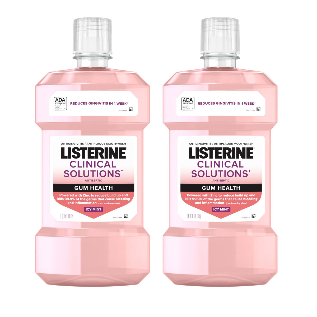 Listerine Clinical Solutions pack frontal dos botellas 1 L mostrando beneficio antiplaca