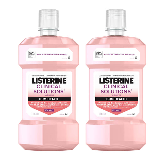 Listerine Clinical Solutions pack frontal dos botellas 1 L mostrando beneficio antiplaca