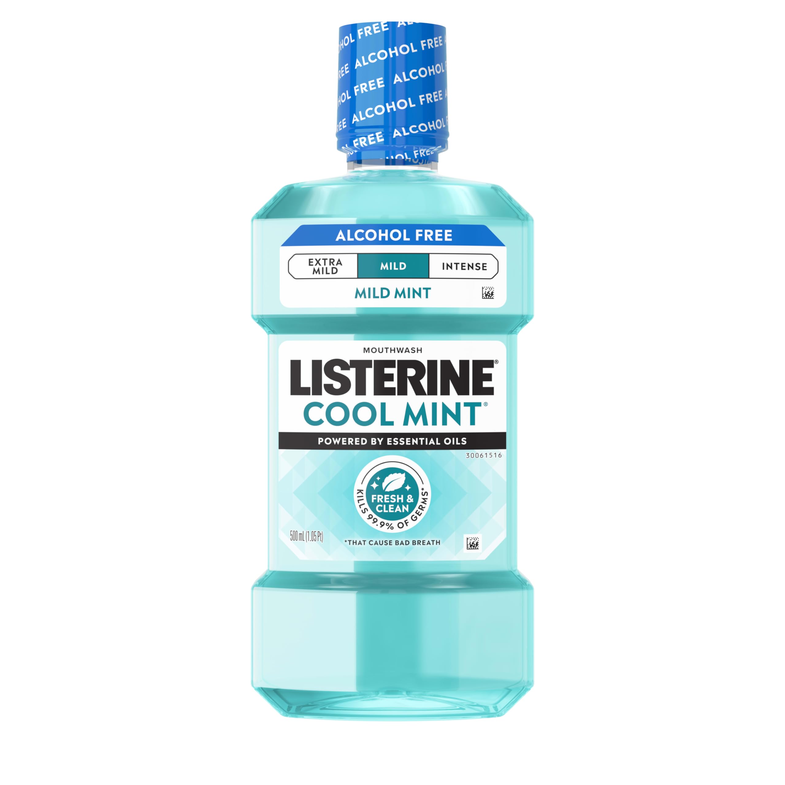 Listerine botella al frente mostrando diseño y beneficio de frescura