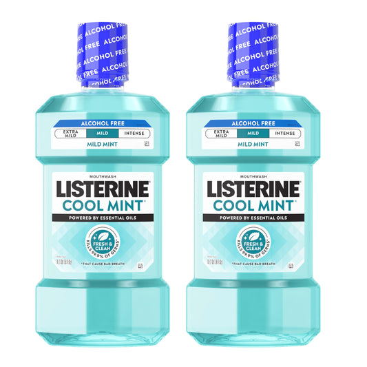 Listerine con sabor Cool Mint frontal mostrando el pack y frescor