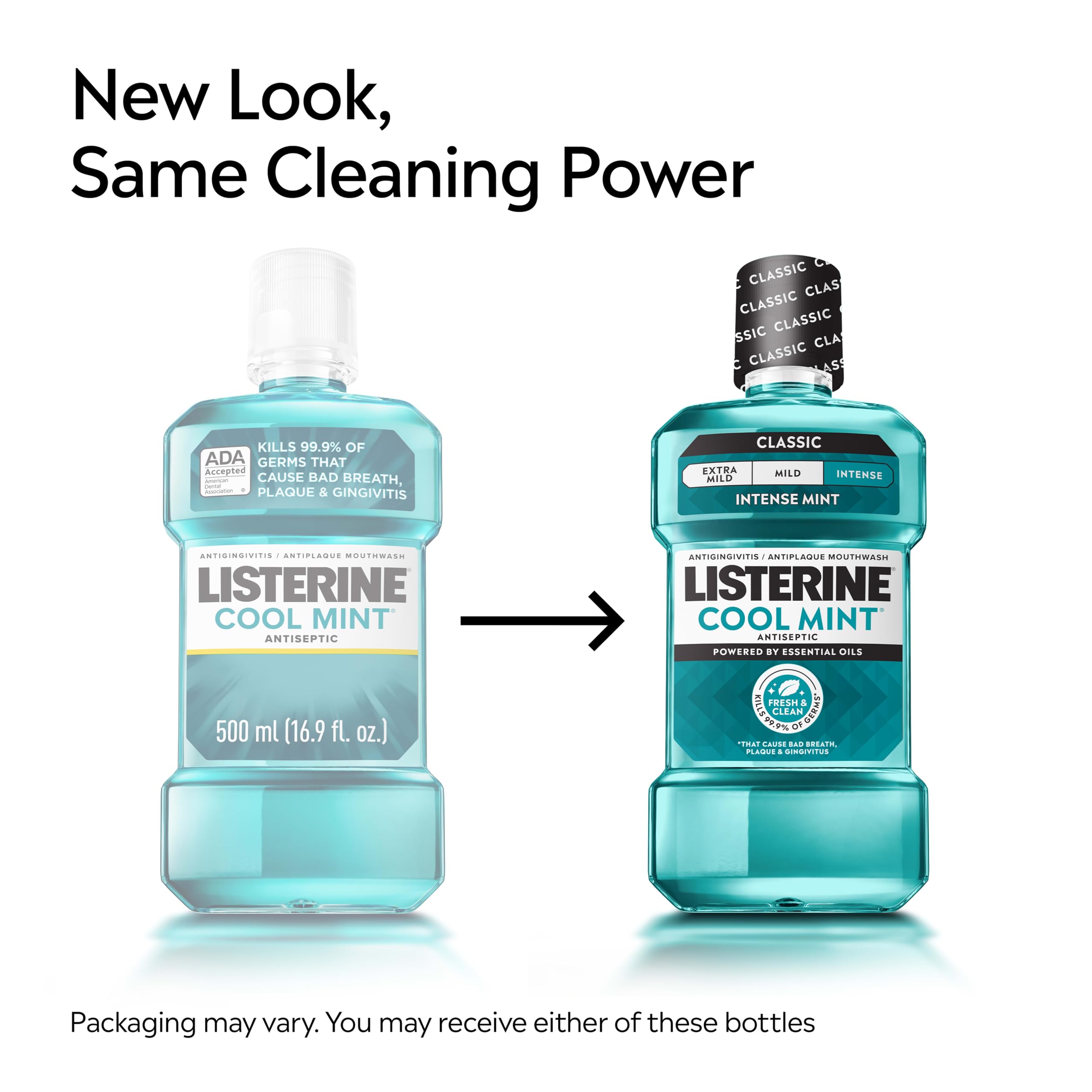 Listerine etiqueta en primer plano con ingredientes y beneficios claros