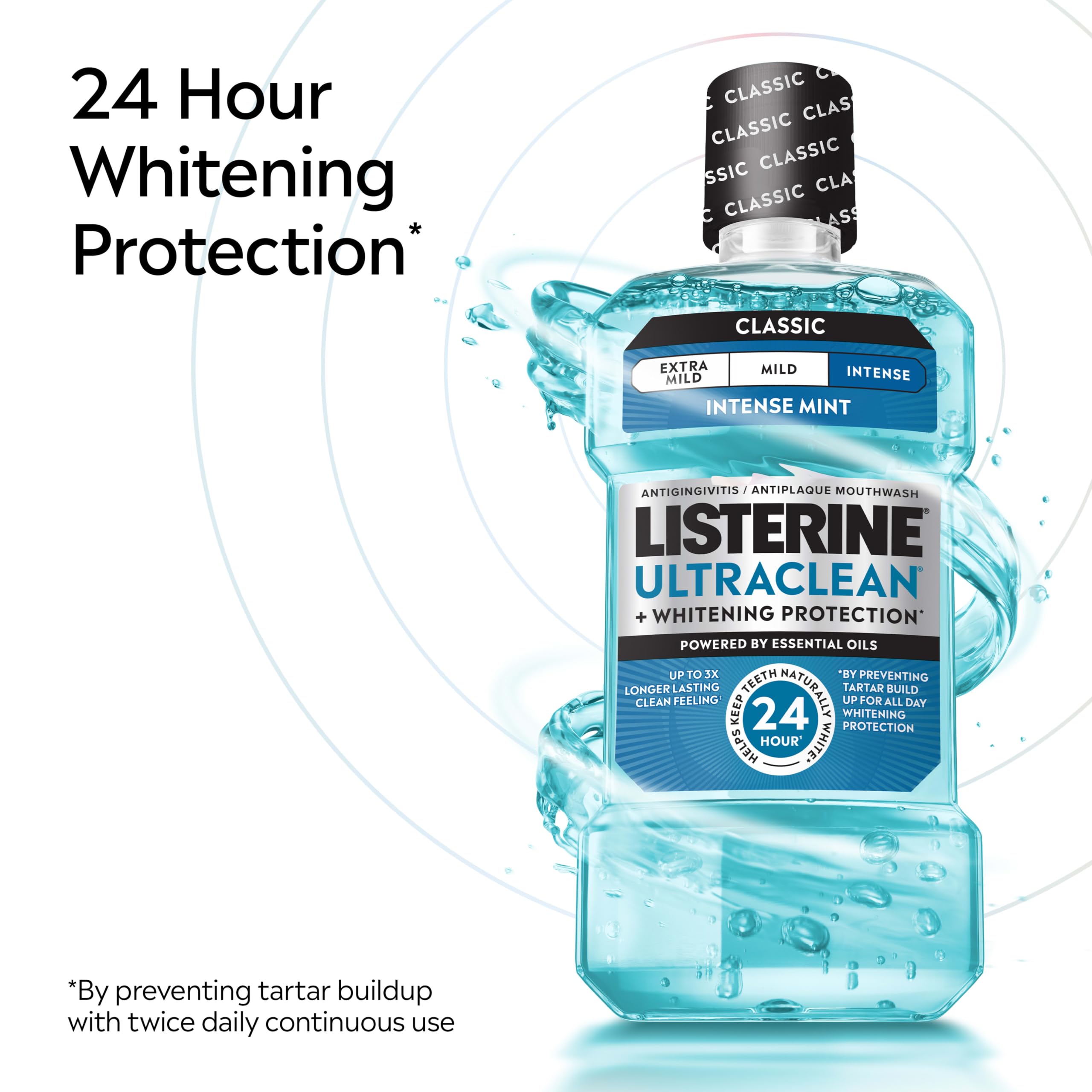 Persona usando Listerine en lavabo, enjuague que ayuda a eliminar gérmenes