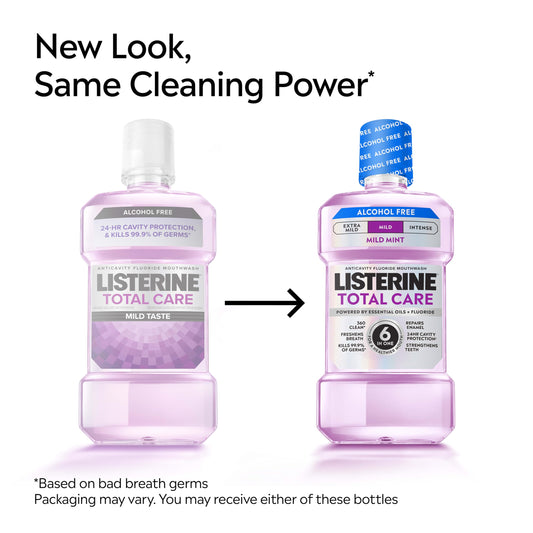 Listerine detalle de etiqueta con ingredientes y beneficios visibles para confianza