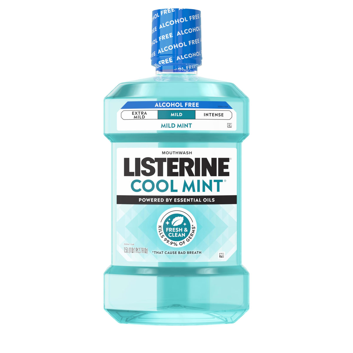 Listerine botella 1,5 L vista frontal muestra tamaño y marca