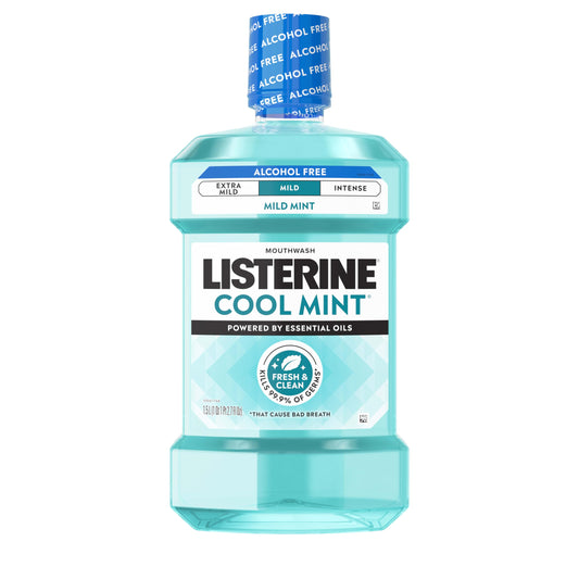 Listerine botella 1,5 L vista frontal muestra tamaño y marca