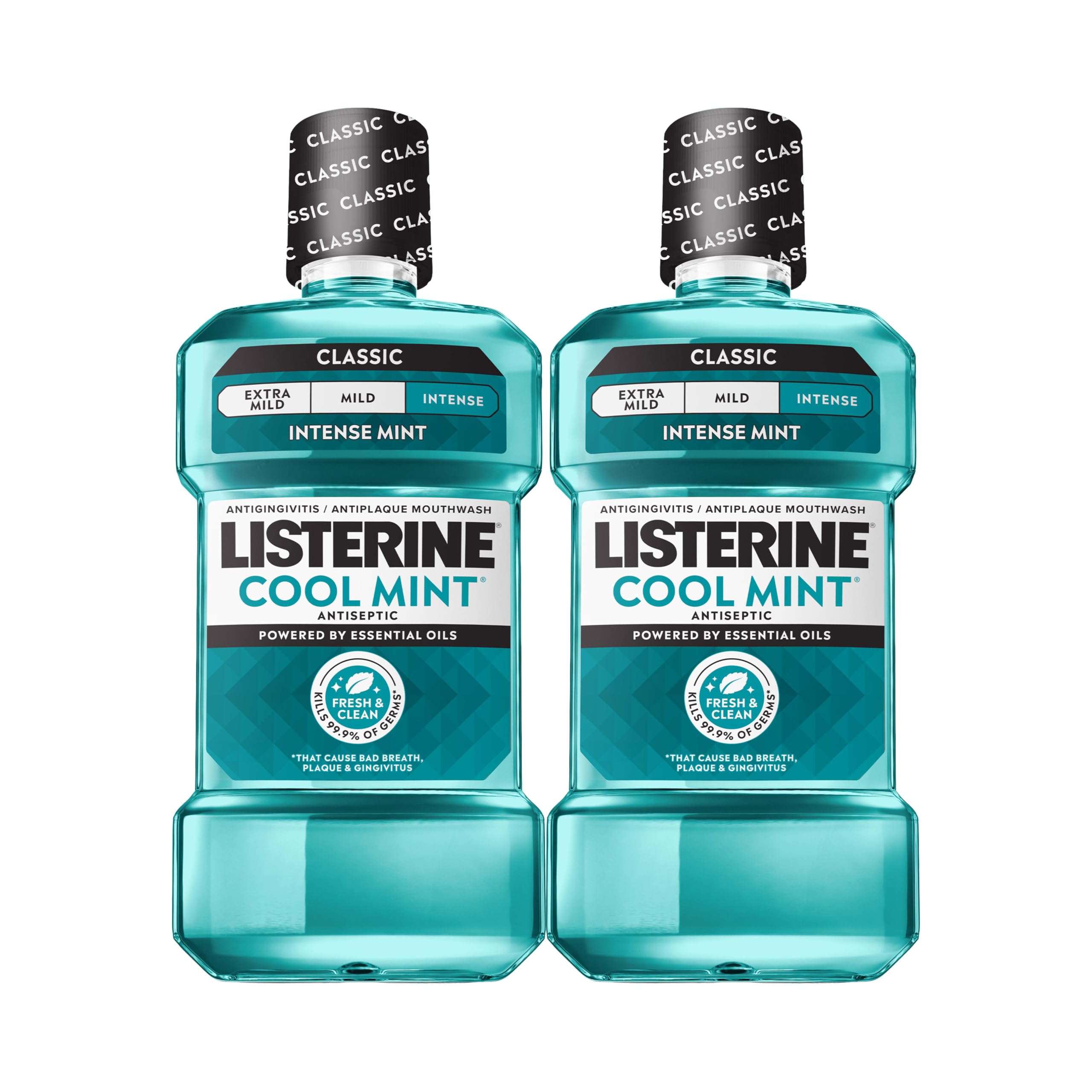 Listerine frente del envase mostrando el diseño y beneficio de frescura