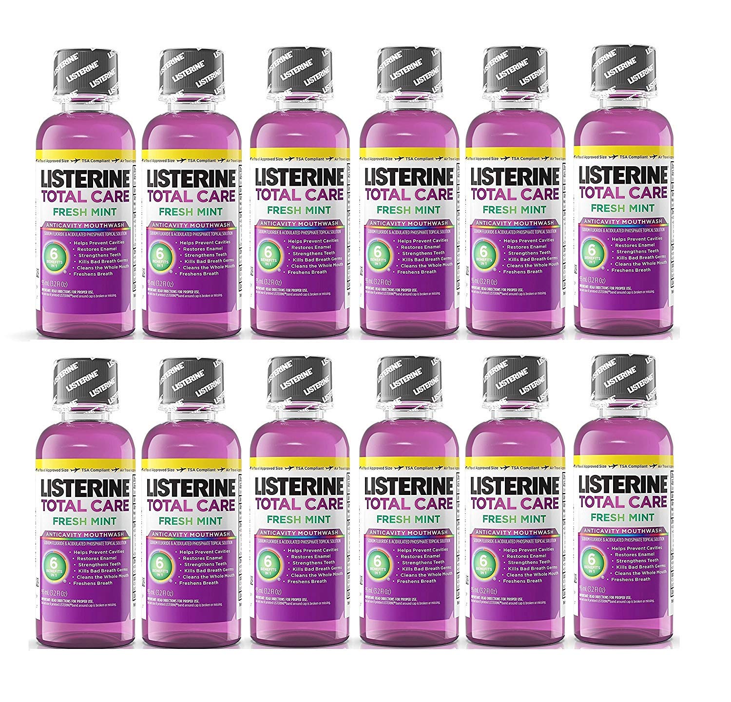 Listerine botella frente pack de viaje mostrando tamaño portátil y frescor