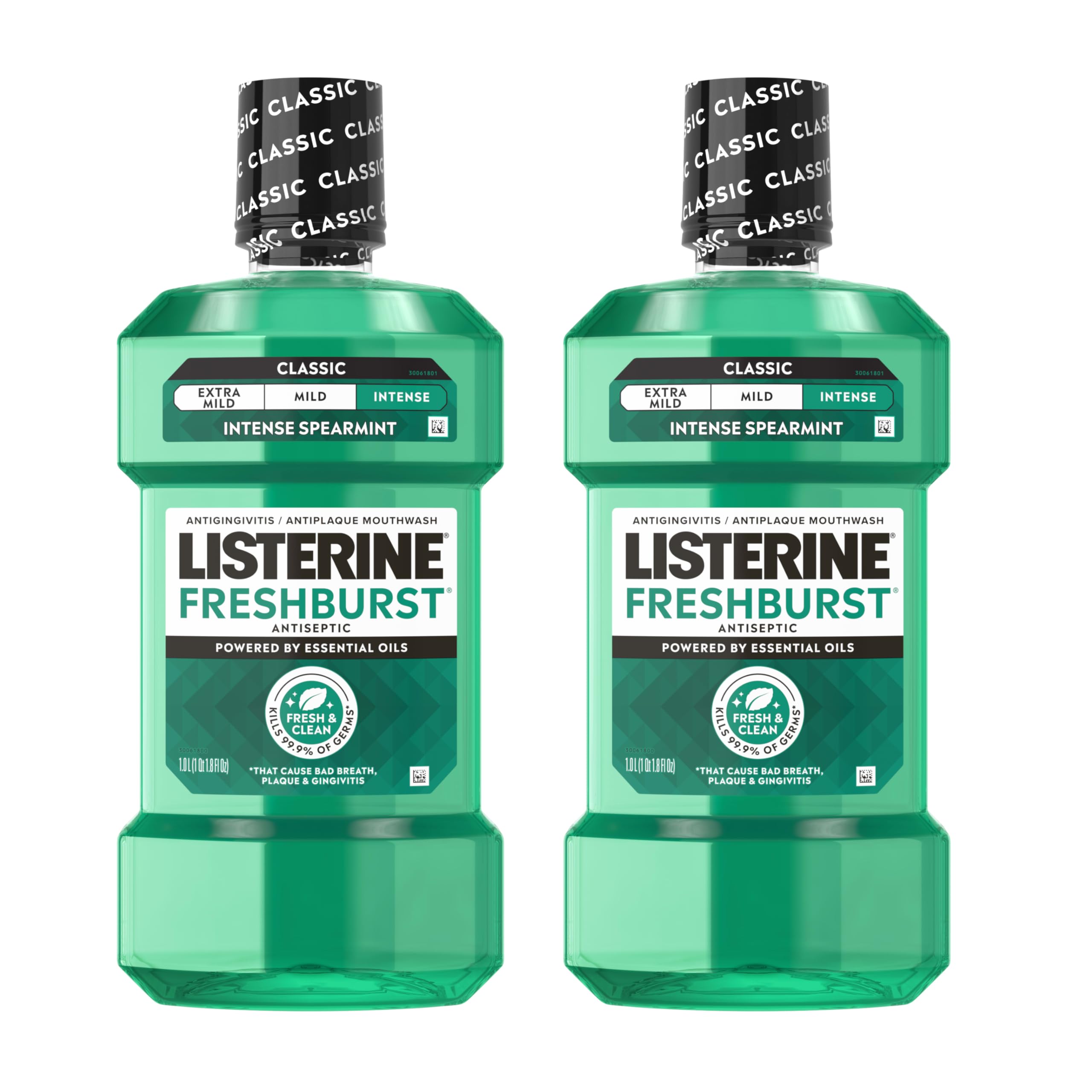 Listerine botella frente empaque mostrando marca y frescura