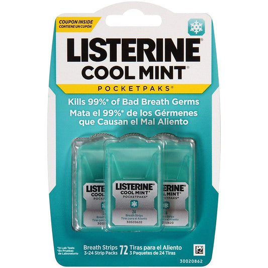 Listerine imagen frontal del paquete mostrando practicidad y aliento fresco inmediato