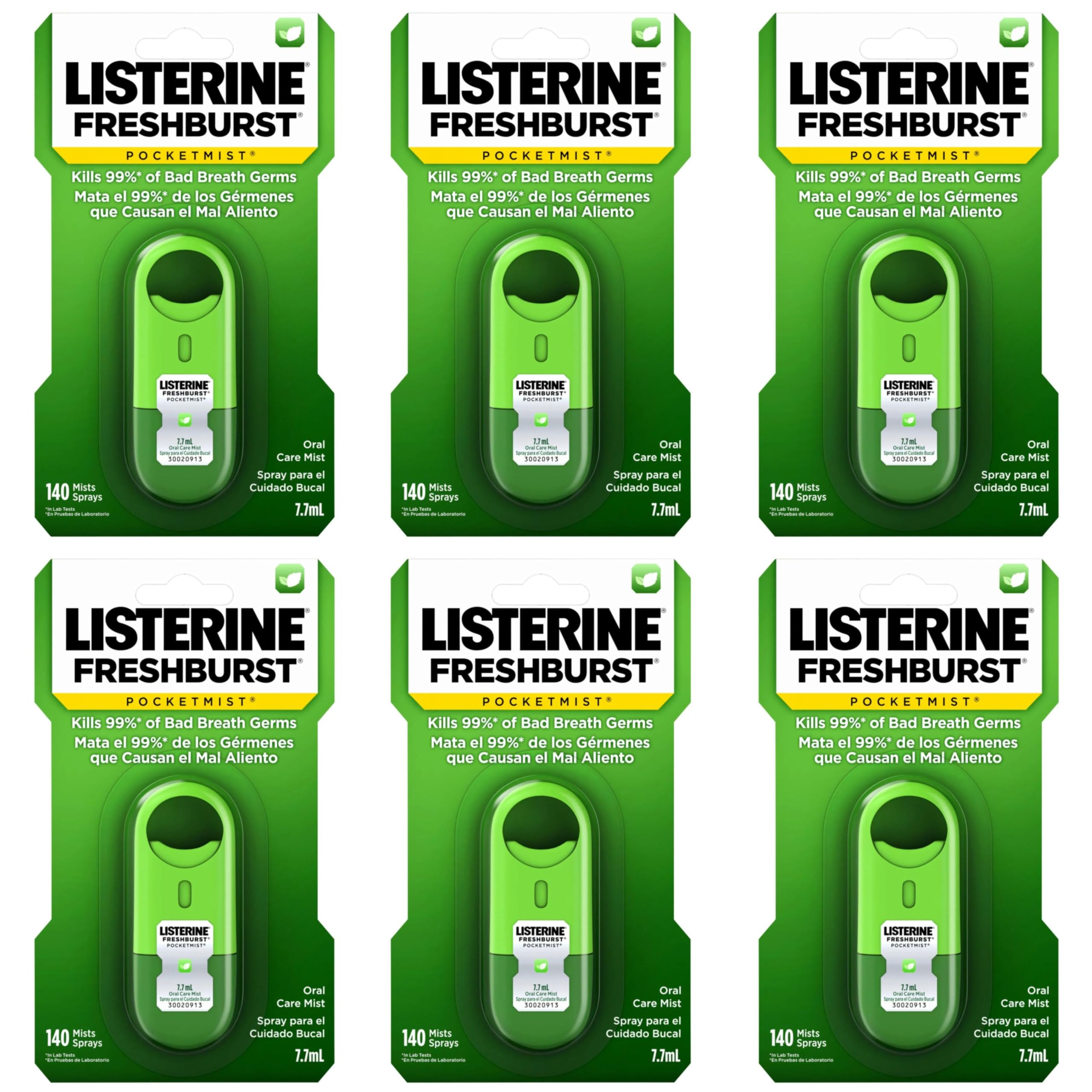 Listerine Pocketmist frente del envase mostrando tamaño práctico y frescor