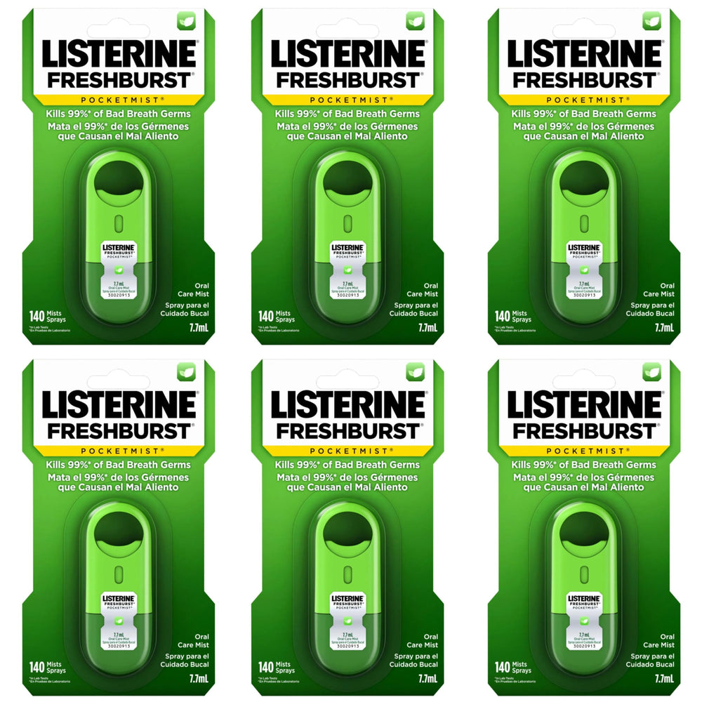Listerine Pocketmist frente del envase mostrando tamaño práctico y frescor