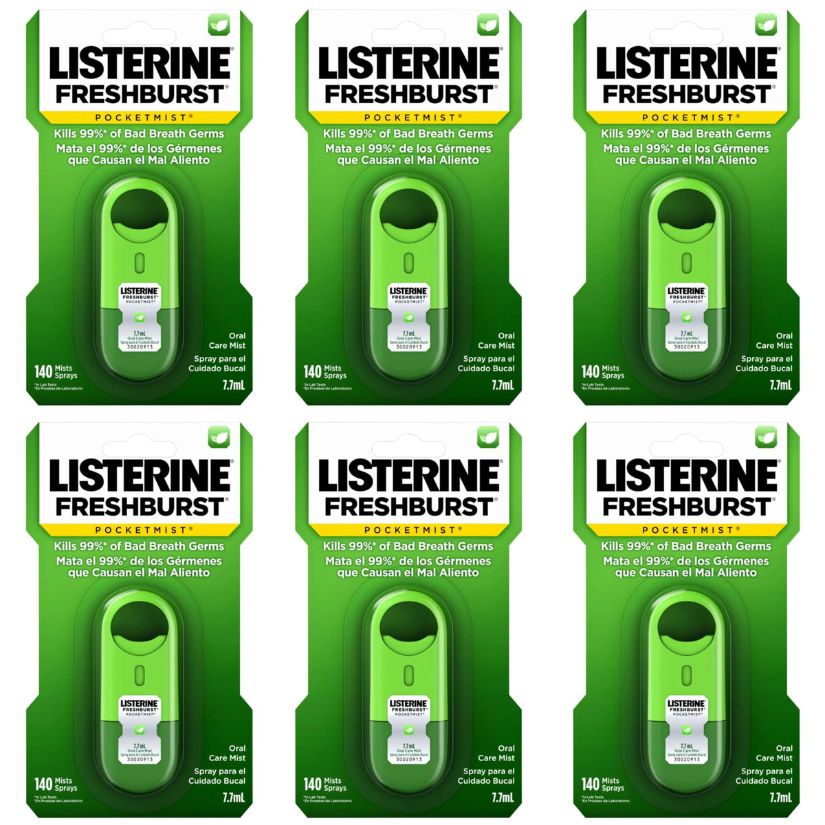 Listerine Pocketmist frente del envase mostrando tamaño práctico y frescor