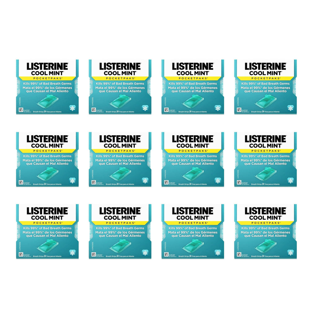 Listerine empaque frontal mostrando 12 packs para suministro prolongado