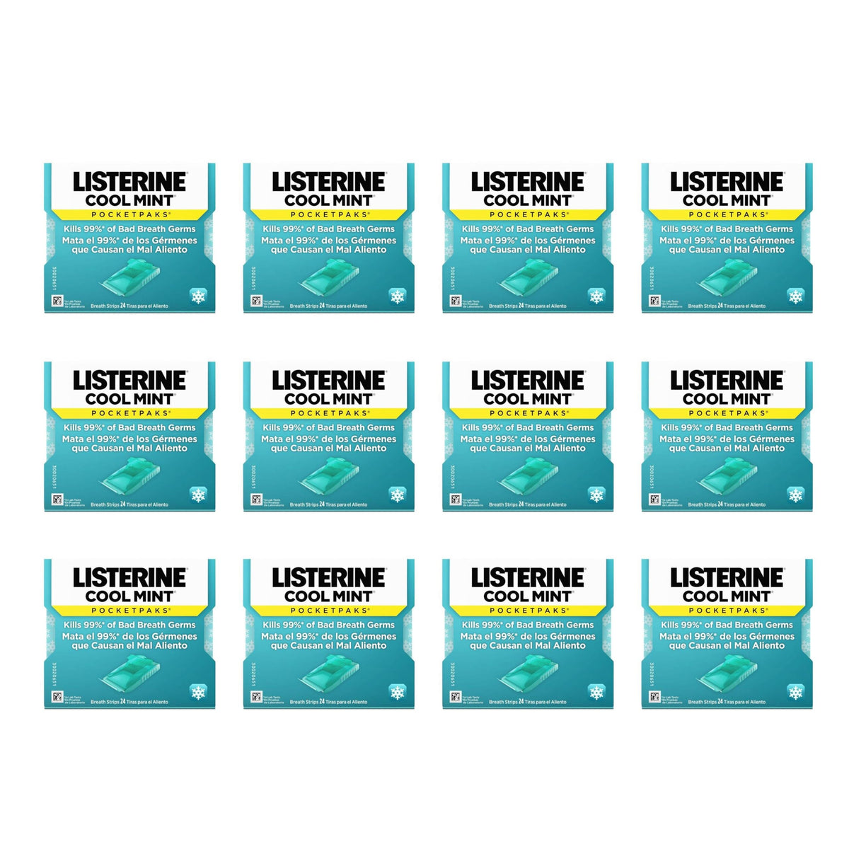Listerine empaque frontal mostrando 12 packs para suministro prolongado