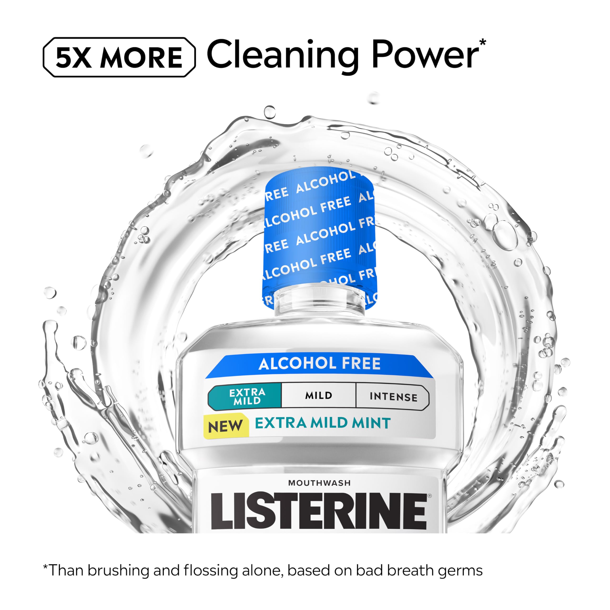 Listerine textura líquida translúcida que indica fórmula sin alcohol