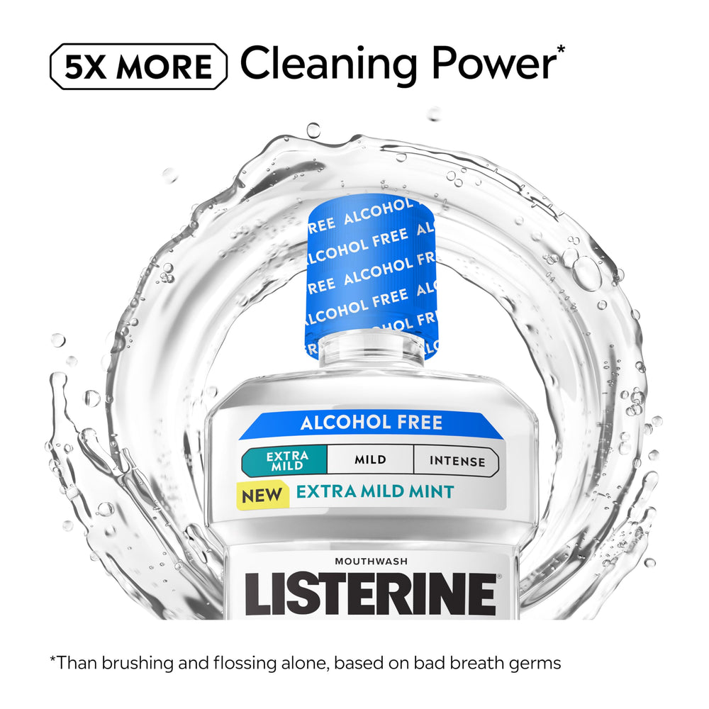 Listerine textura líquida translúcida que indica fórmula sin alcohol