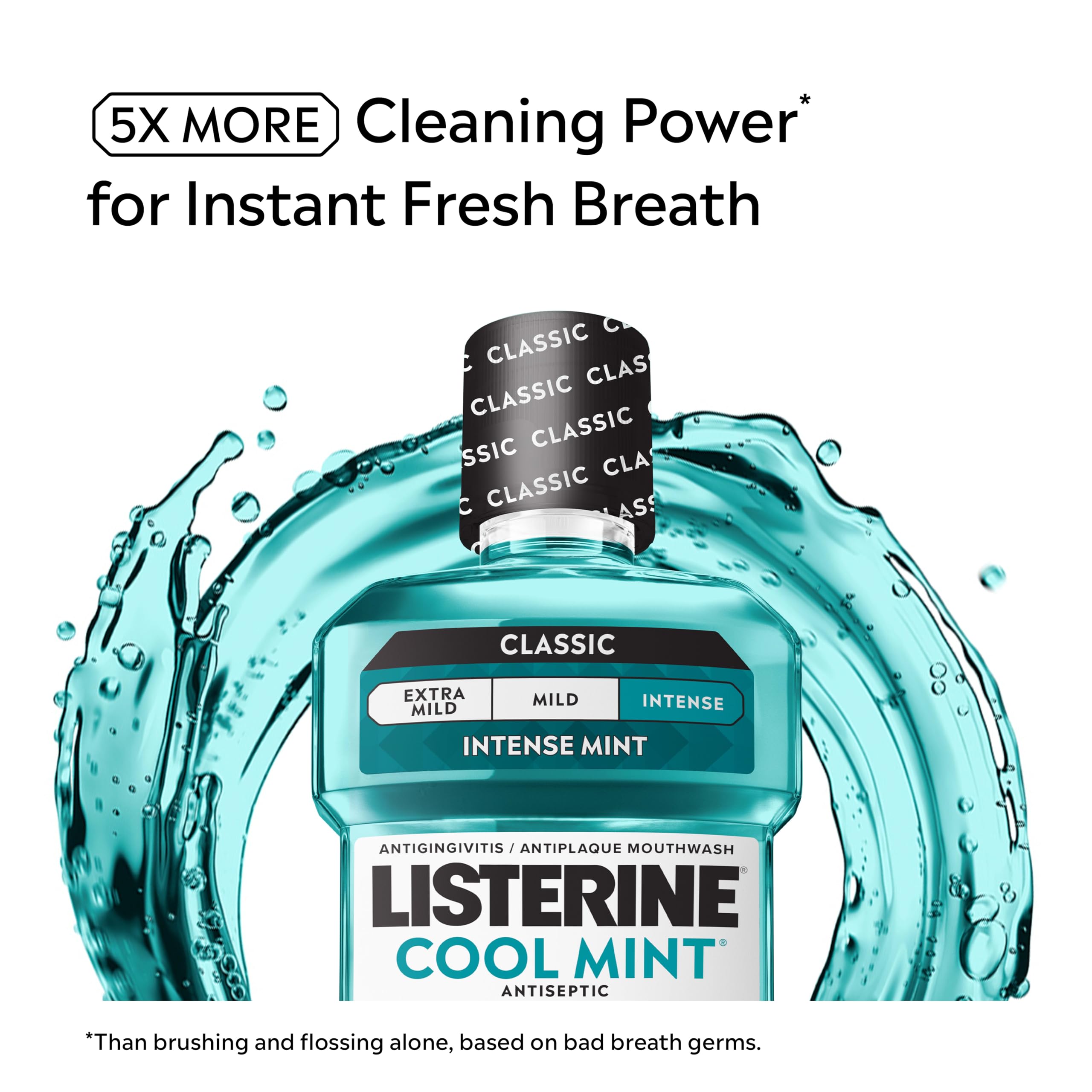 Listerine líquido menta intensa resaltando textura y sensación de frescura