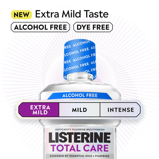 Listerine detalle de etiqueta con información de flúor y usos
