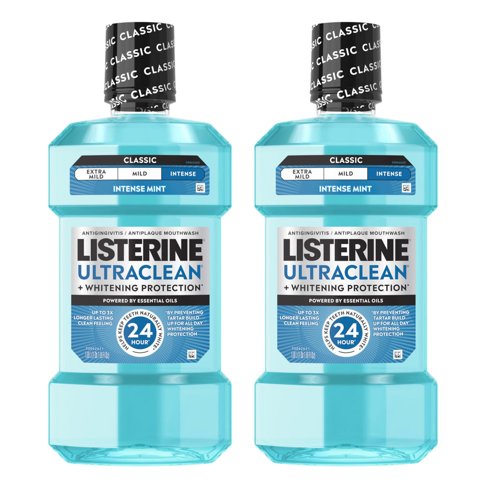 Listerine Ultraclean frontal del pack mostrando botellas y beneficios