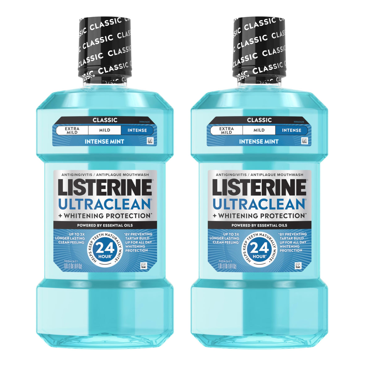Listerine Ultraclean frontal del pack mostrando botellas y beneficios