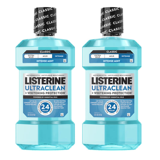 Listerine Ultraclean frontal del pack mostrando botellas y beneficios