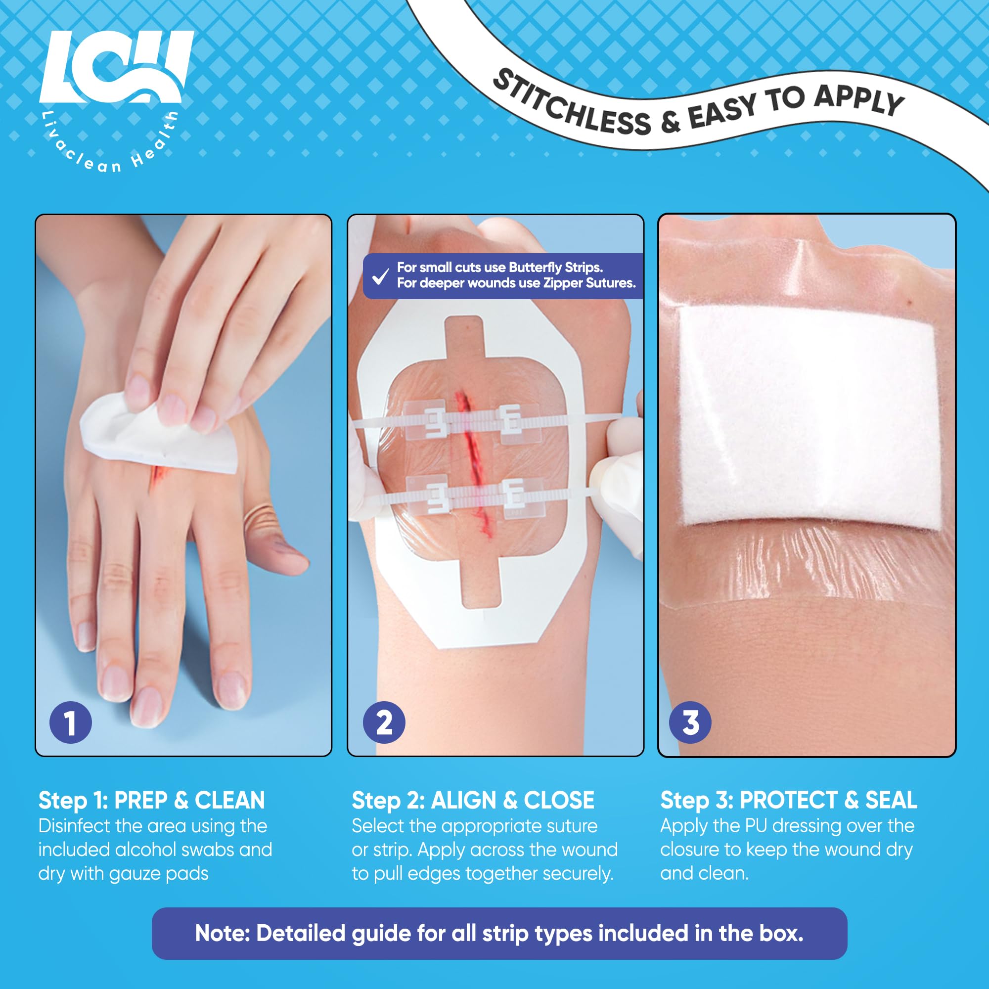 Livaclean Health tiras mariposa en primer plano facilitando aproximación de piel