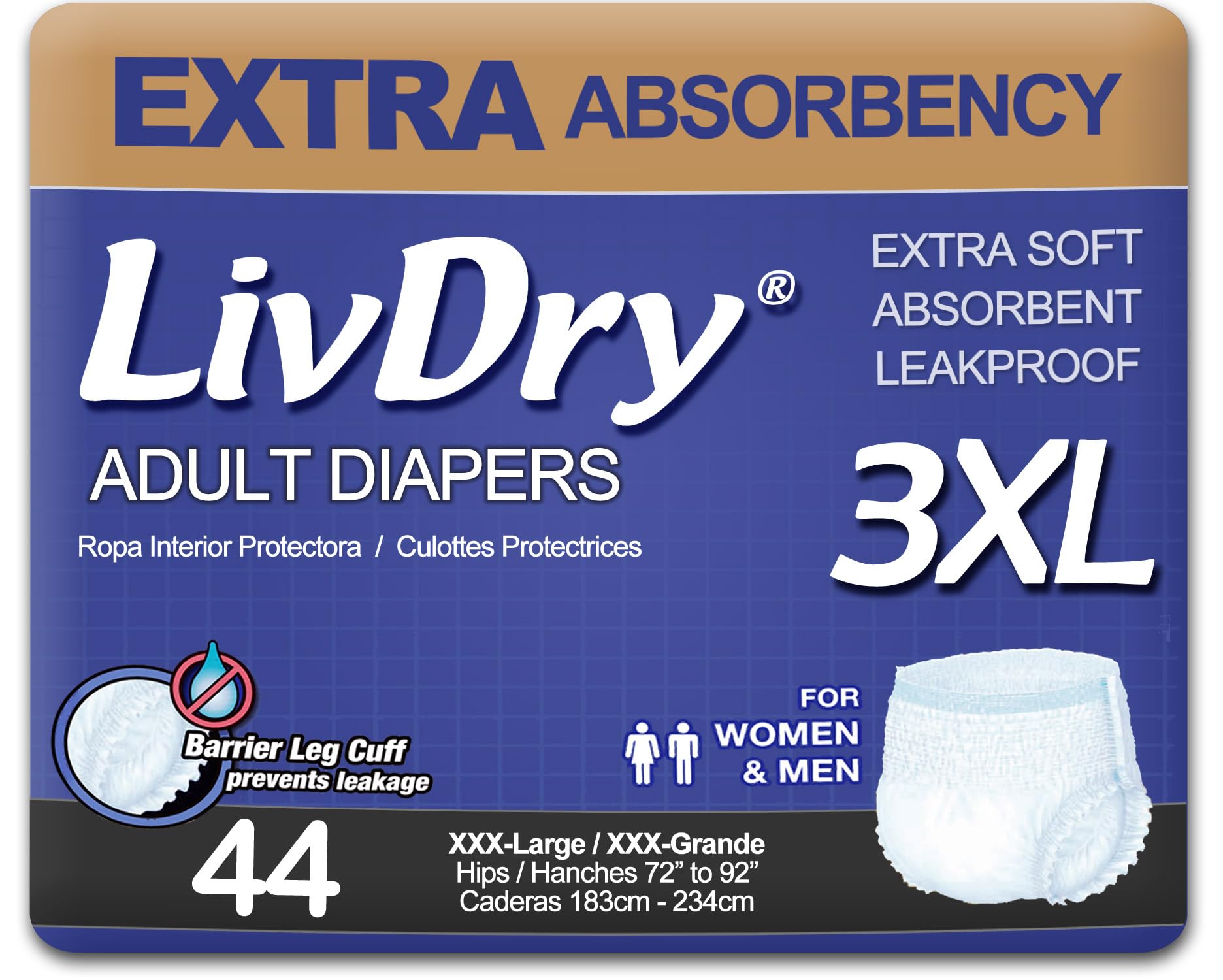 LivDry empaque frontal XXX-Large mostrando 44 unidades y beneficio de protección