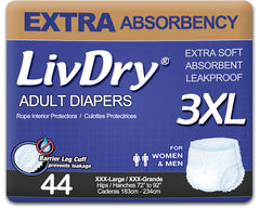LivDry empaque frontal XXX-Large mostrando 44 unidades y beneficio de protección
