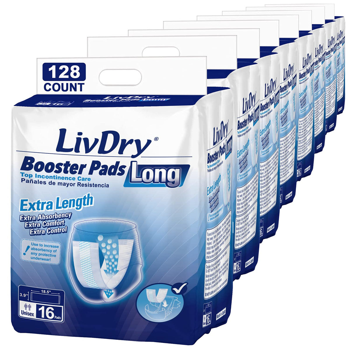 LivDry empaque frontal mostrando 128 unidades y beneficio de larga duración