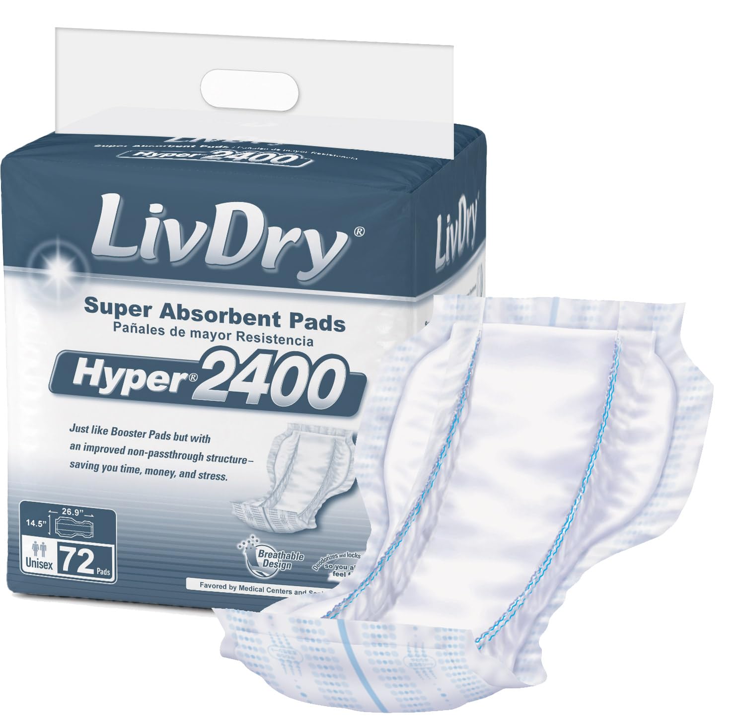 LivDry empaque frontal mostrando 18 insertos para alta absorción y protección