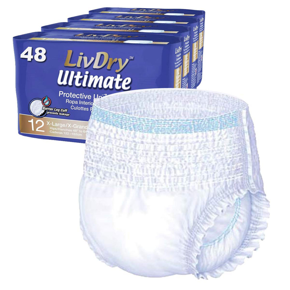 LivDry paquete frontal XL mostrando cantidad y tamaño, comodidad y discreción