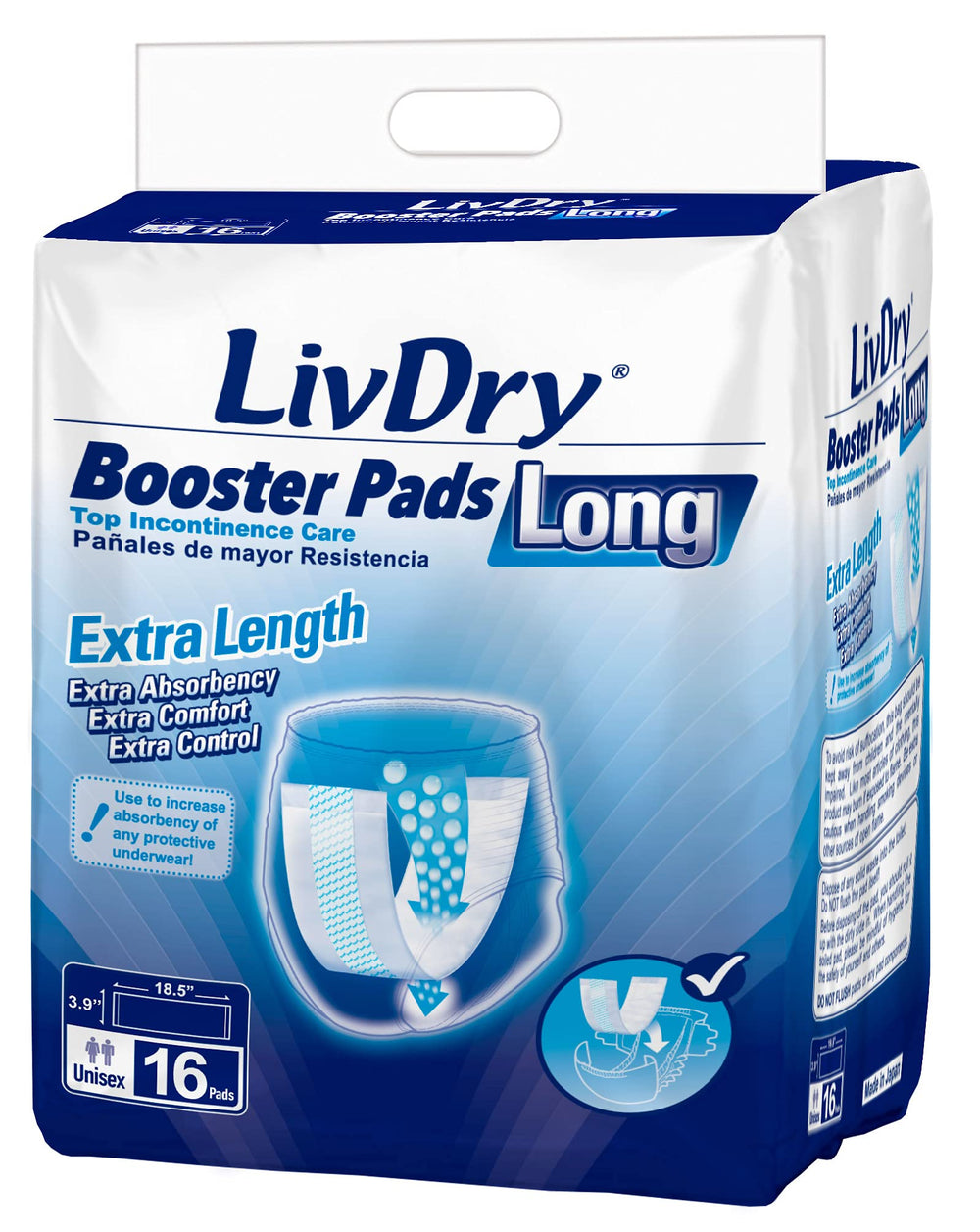 LivDry frente del empaque mostrando cantidad y longitud, comodidad prolongada