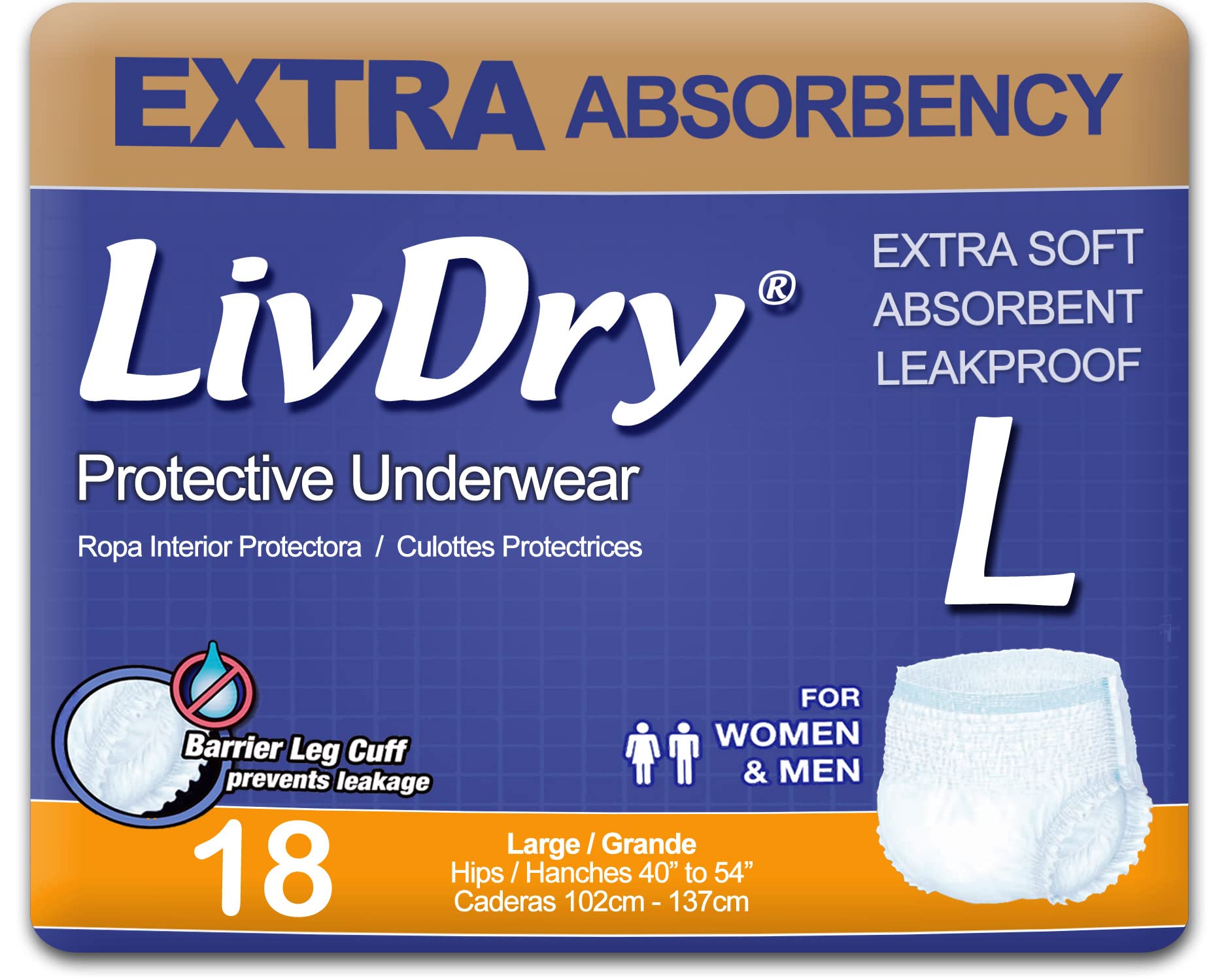 LivDry empaque frontal mostrando 18 unidades y protección fiable