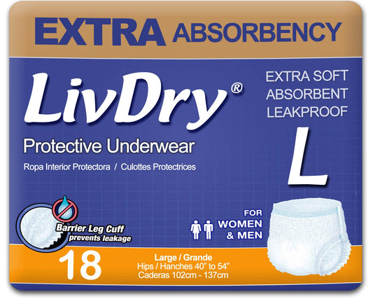 LivDry empaque frontal mostrando 18 unidades y protección fiable