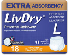 LivDry empaque frontal mostrando 18 unidades y protección fiable