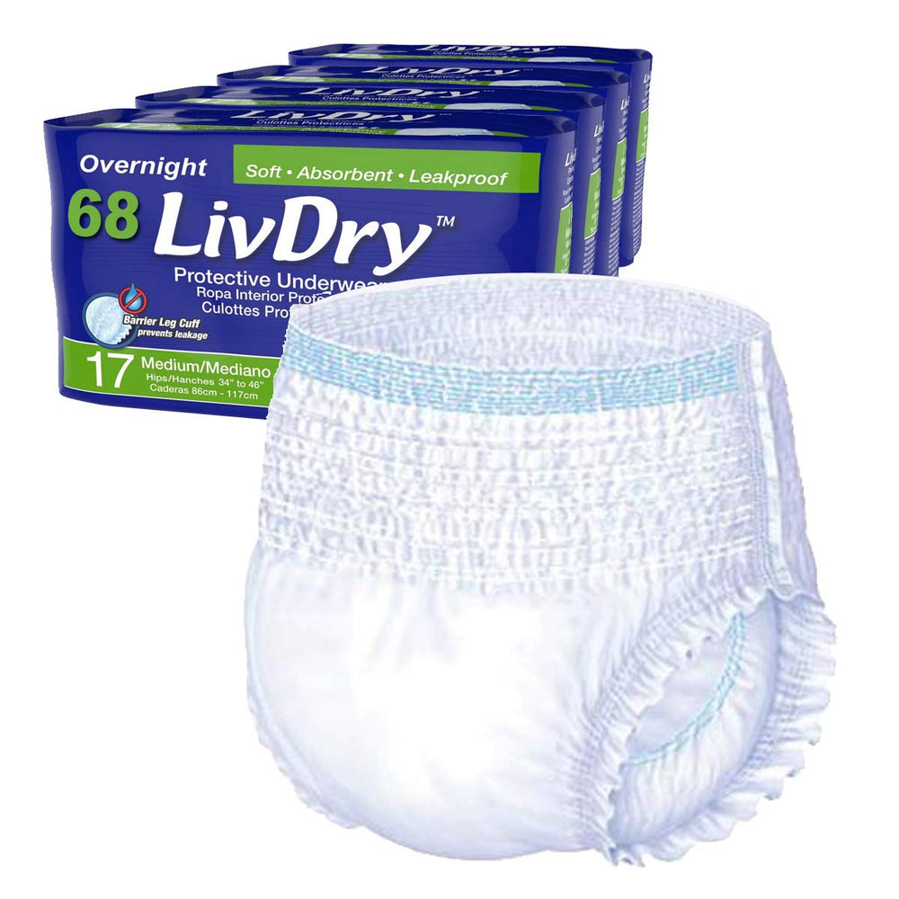 LivDry paquete frontal Overnight mostrando diseño y cantidad, protección confiable