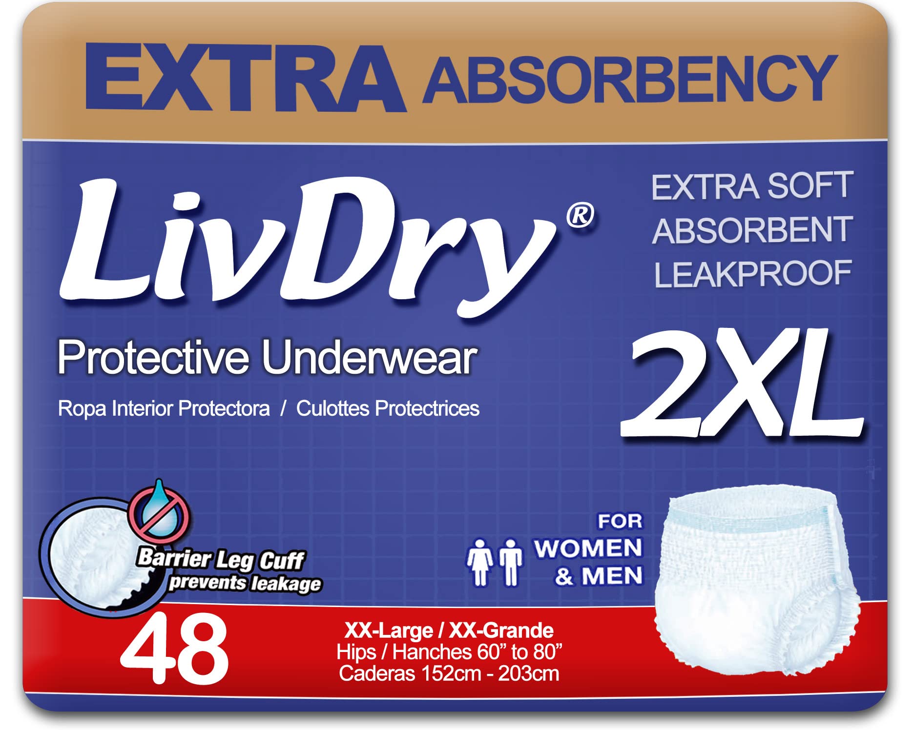 LivDry paquete frontal mostrando 48 unidades y conveniencia