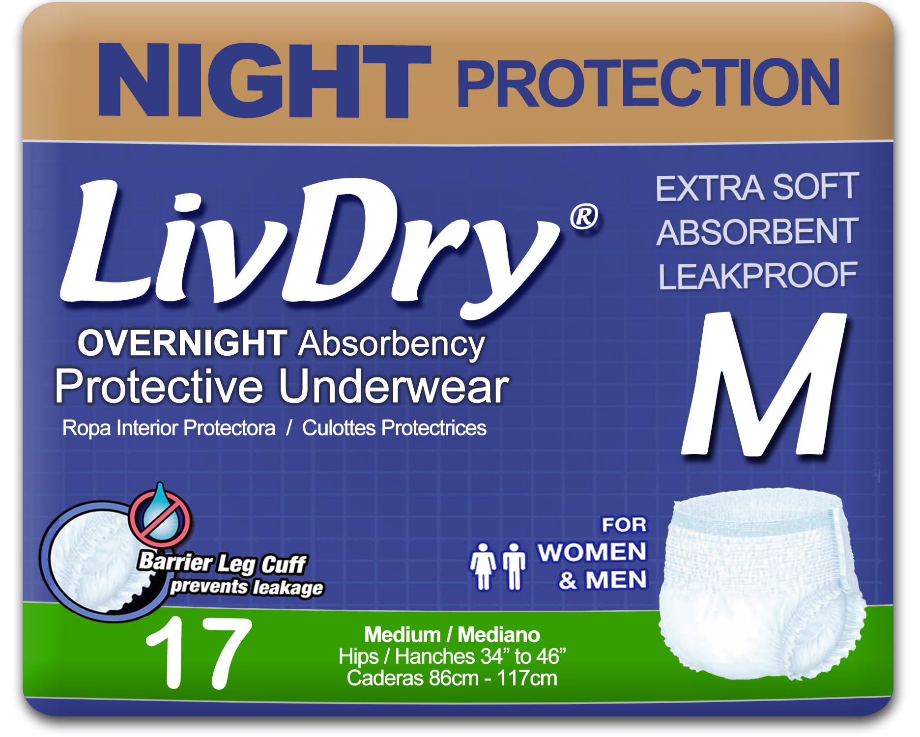 LivDry paquete frontal mostrando 17 unidades y protección nocturna