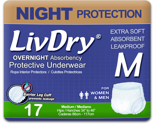 LivDry paquete frontal mostrando 17 unidades y protección nocturna