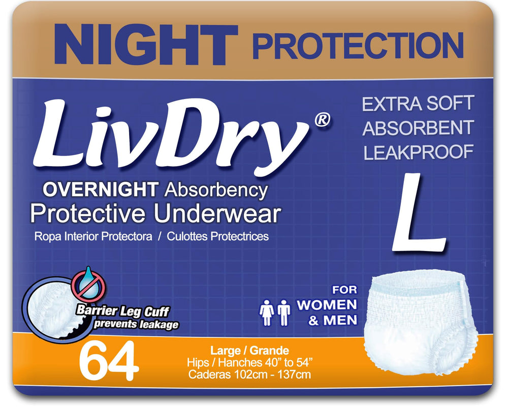 LivDry frontal del paquete mostrando 64 unidades y confianza nocturna