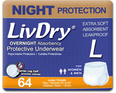 LivDry frontal del paquete mostrando 64 unidades y confianza nocturna