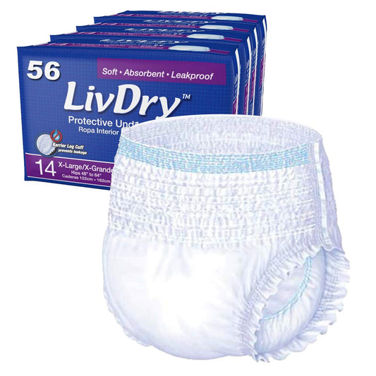 LivDry paquete frontal XL mostrando 56 unidades y protección confiable