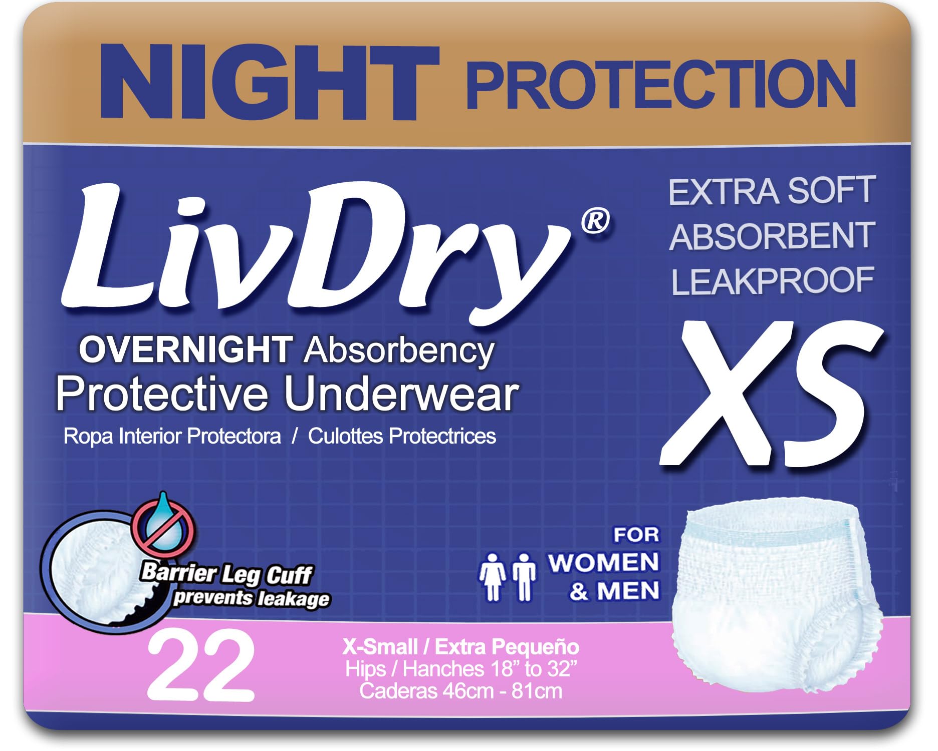 LivDry empaque frontal XS mostrando 22 unidades y comodidad
