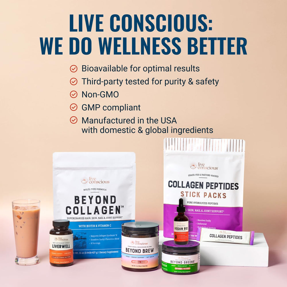 Live Conscious sello libre de lactosa gluten soja, opción apta para dietas veganas