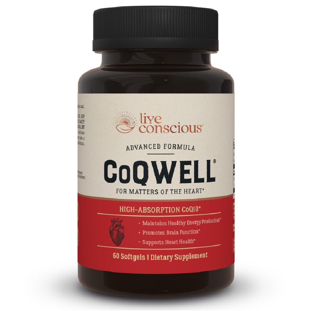 Live Conscious CoQWell vista frontal con etiqueta clara y beneficio cardiovascular
