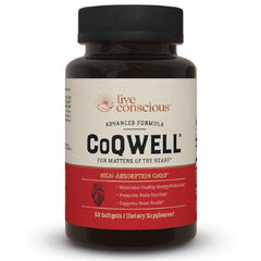 Live Conscious CoQWell vista frontal con etiqueta clara y beneficio cardiovascular